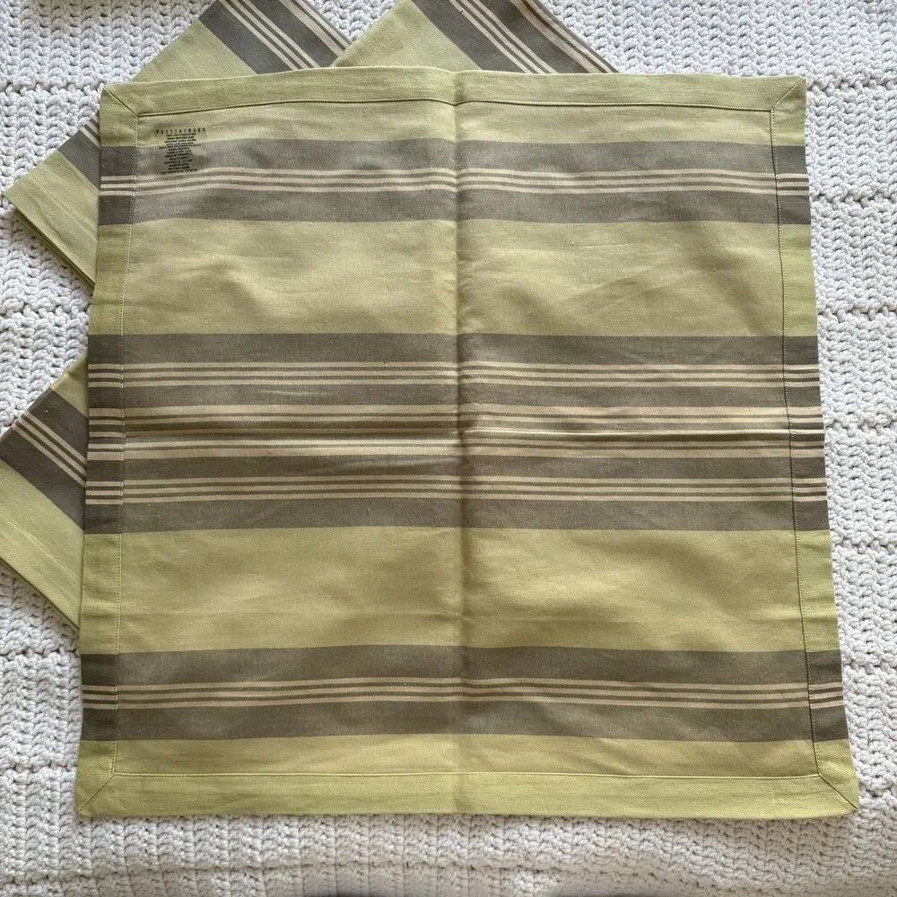 Pottery Barn Set Of Olive Green Striped Cotton Fabric Dinner Napkins 22” x 22”